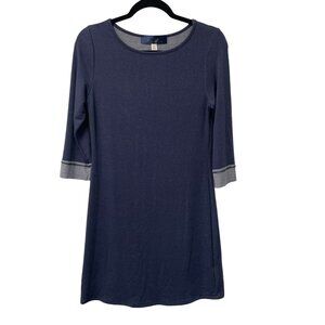 BLUE RAIN SHIFT DRESS STRETCH SIZE S MADE IN USA 3/4 SLEEVE COMFORT MINIMALIST